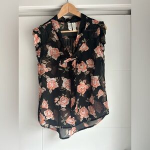 Pink and Orange Sleeveless Ruffled Blouse with Tie Front